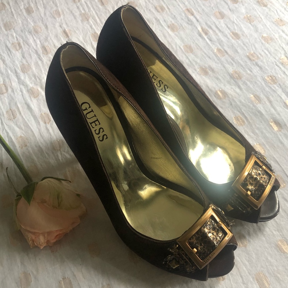NWOT Brown Guess Suede Open Toe with Buckle Heels - Picture 1 of 8